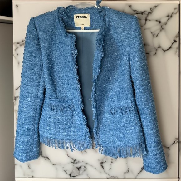 L'Agence Angelina Tweed Fringe Blazer in Riviera Blue in Size 8 Strong Shoulders - Picture 9 of 13